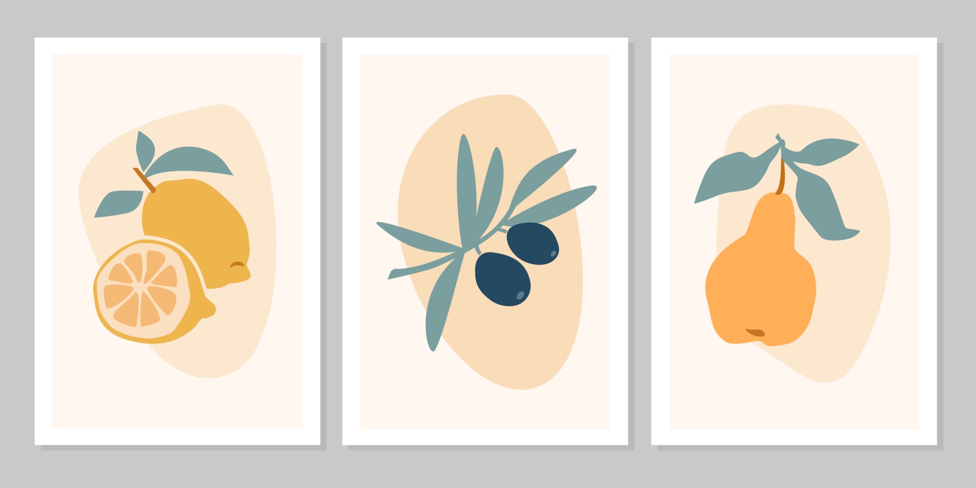 Hand drawn set abstract boho poster with tropical fruit lemon, olive ...