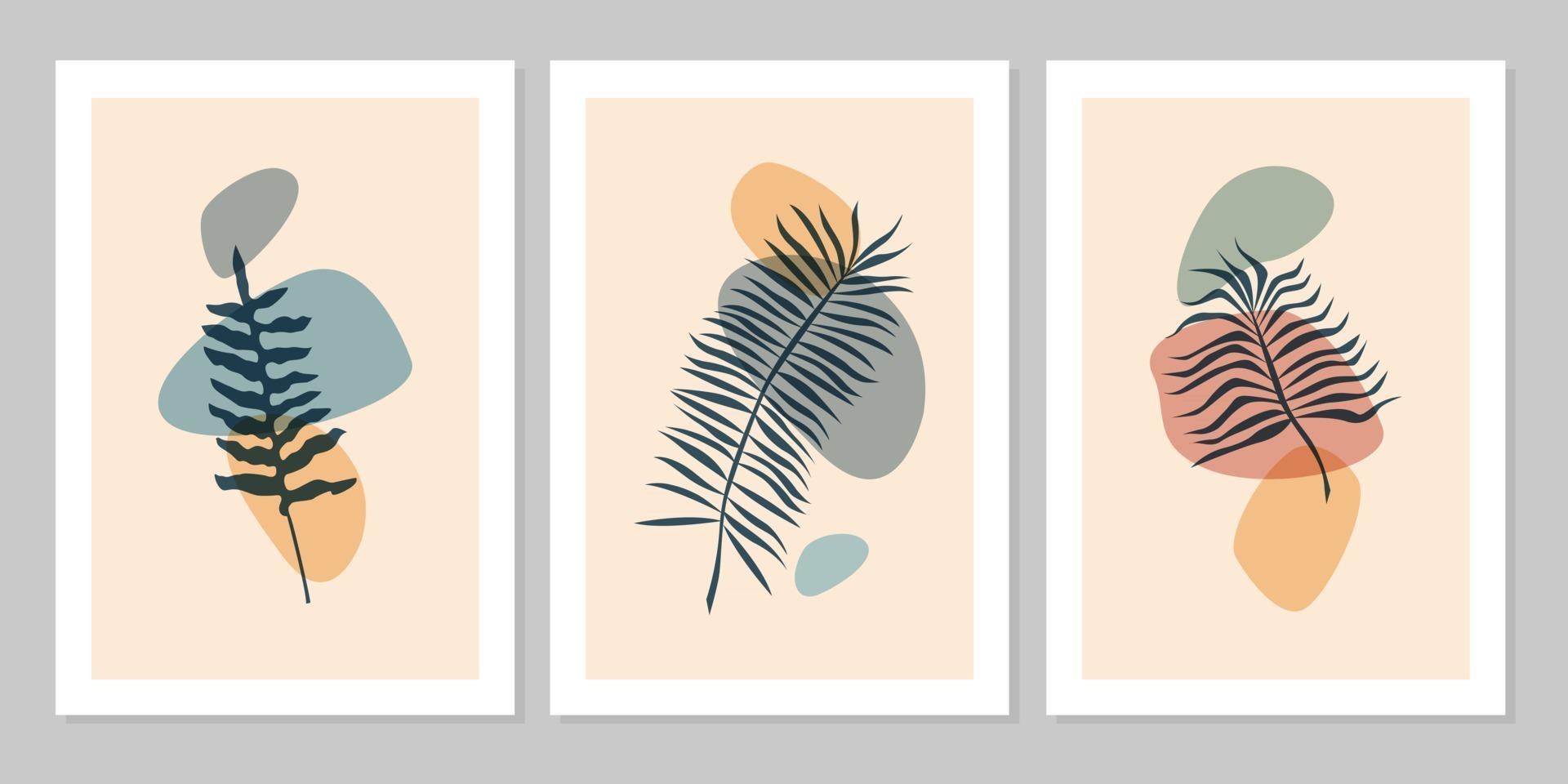 Hand drawn botanical wall art abstract set boho tropical leaf with color shape isolated on beige background. Vector flat illustration. Design for pattern, posters, invitation, greeting card