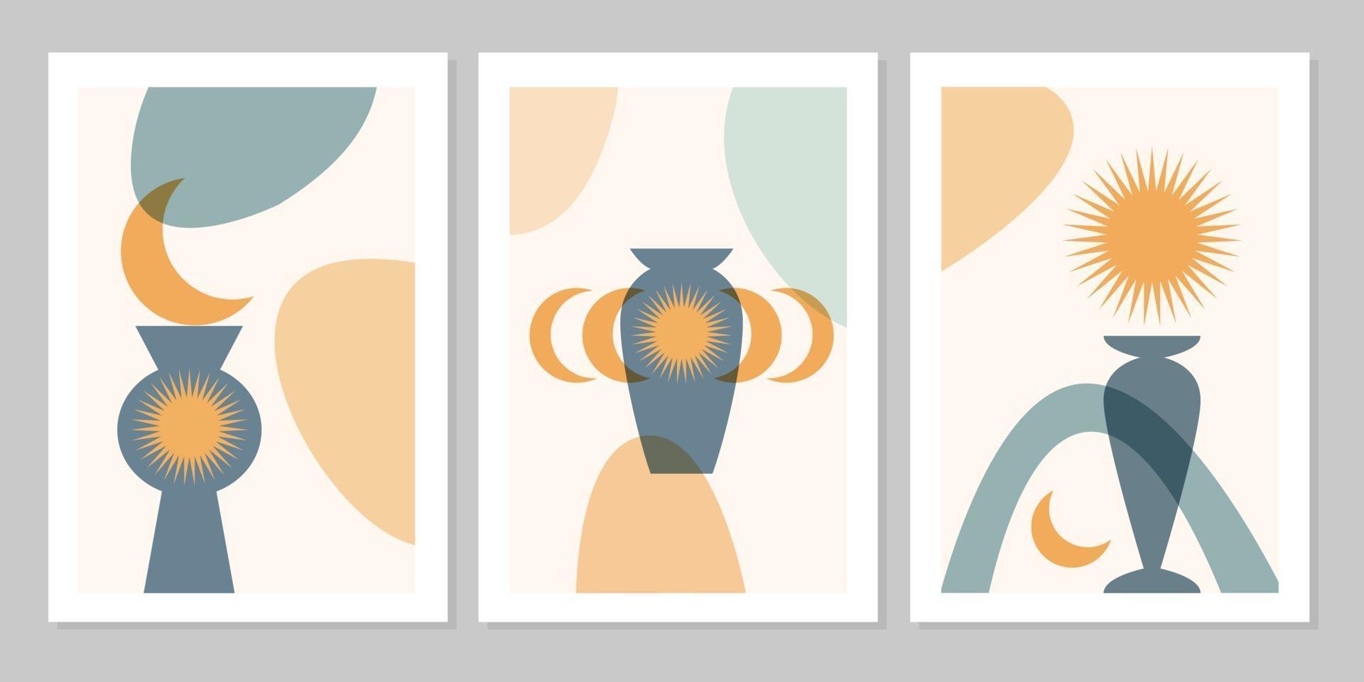 Hand drawn set abstract boho poster with tropical leaf, sun, moon and shape isolated on beige background. Vector flat illustration. Design for pattern, logo, posters, invitation, greeting card