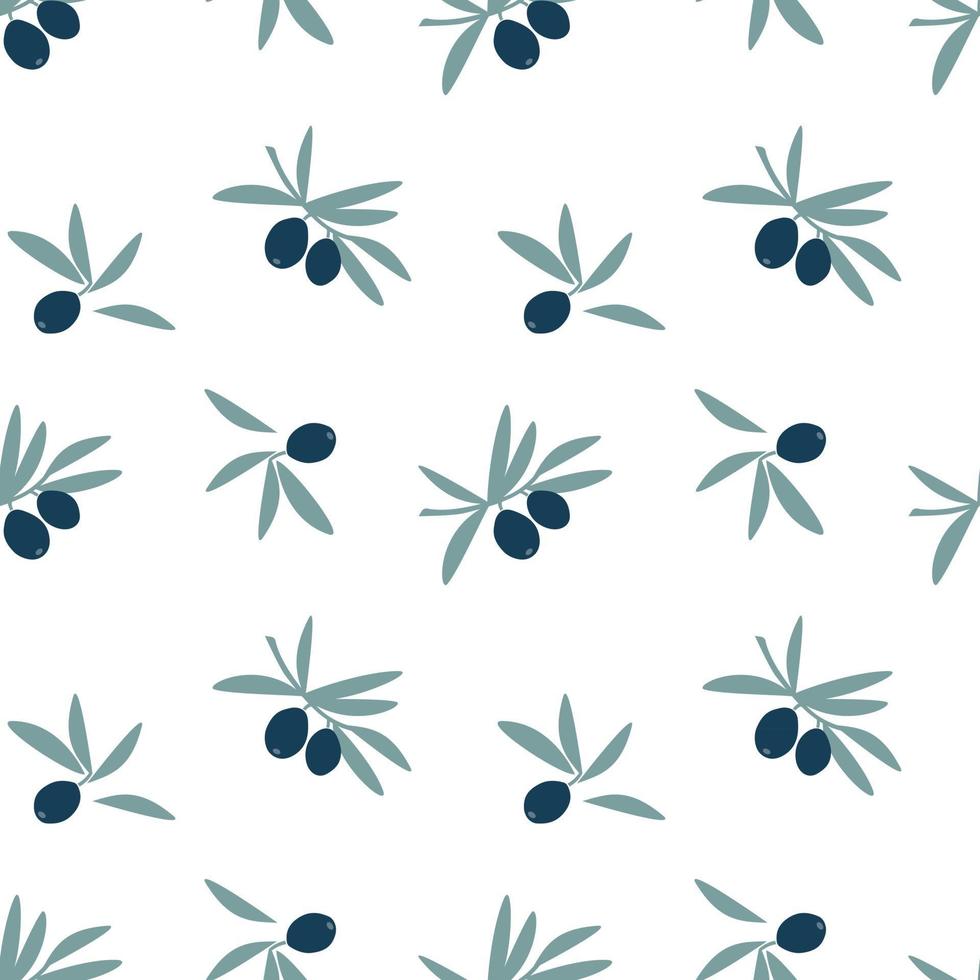 Patrón sin fisuras de ramas de olivo con aceitunas de hojas y frutas verdes aisladas sobre fondo blanco. vector ilustración plana. diseño para textil, papel tapiz, envoltura, telón de fondo