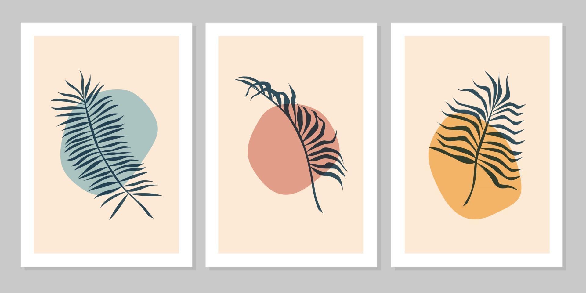 Hand drawn botanical wall art abstract set boho tropical leaf with color shape isolated on beige background. Vector flat illustration. Design for pattern, posters, invitation, greeting card