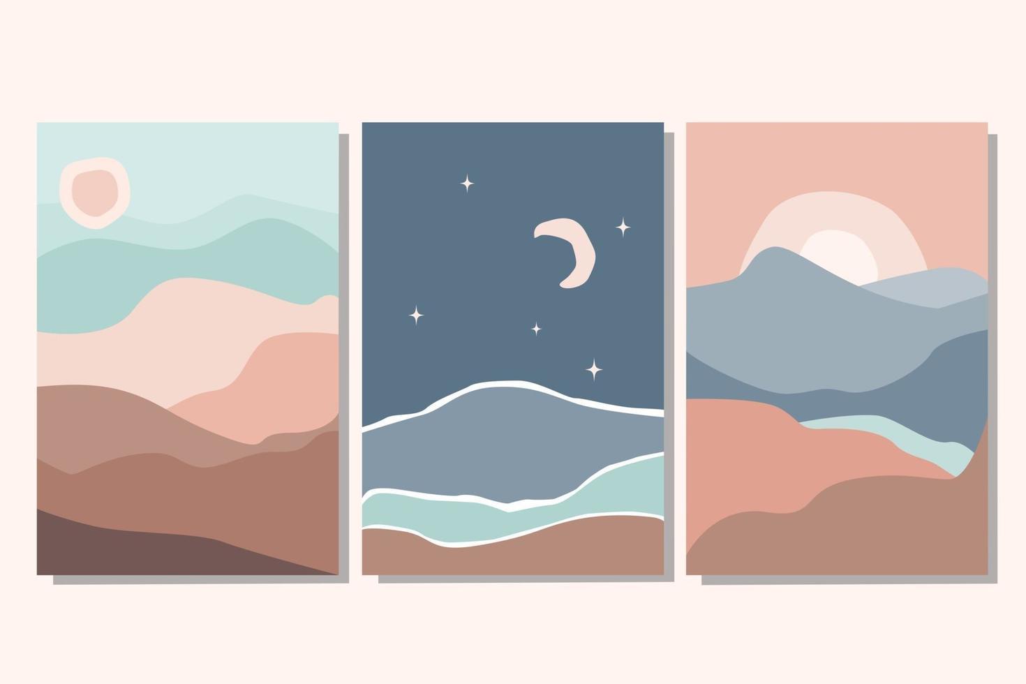 conjunto de colección de carteles de paisaje colorido abstracto con sol, luna, estrella, mar, montañas, río. vector ilustración plana. plantillas de impresión de arte contemporáneo, fondos para redes sociales.