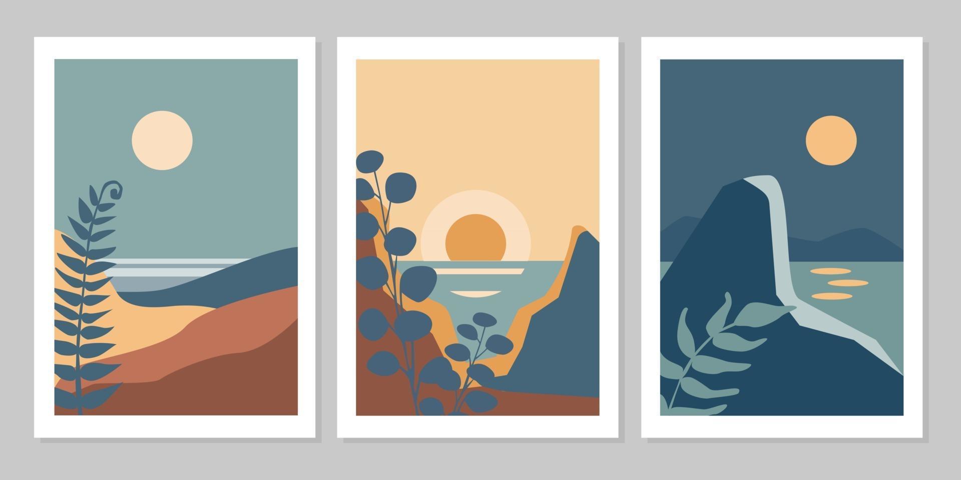 conjunto de colección de carteles de paisaje colorido abstracto con sol, luna, estrella, mar, montañas, río, planta. vector ilustración plana. plantillas de impresión de arte contemporáneo, fondos para redes sociales.