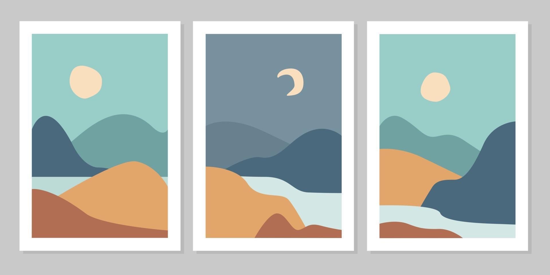 conjunto de fondo de paisaje abstracto natural moderno estético con montaña, bosque, mar, cielo, sol y río. Plantilla de portada de póster boho minimalista. diseño para impresión, postal, papel tapiz, arte mural. vector