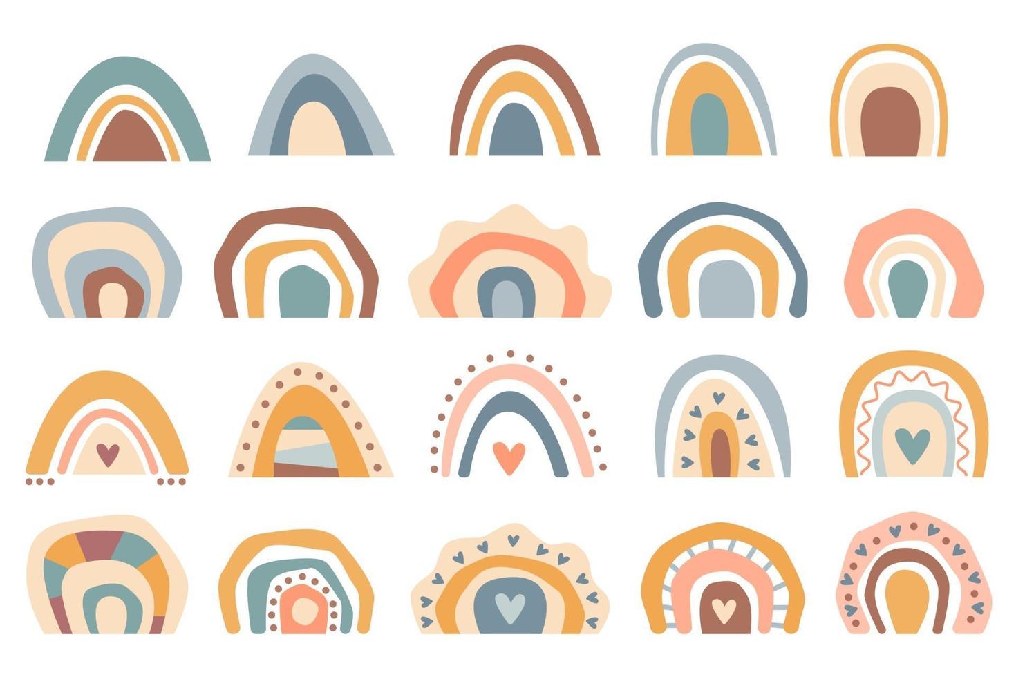 Hand drawn collection cute boho rainbows pastel color isolated on white background. Vector flat illustration. Design for baby shower, birthday, party, summer holiday, prints
