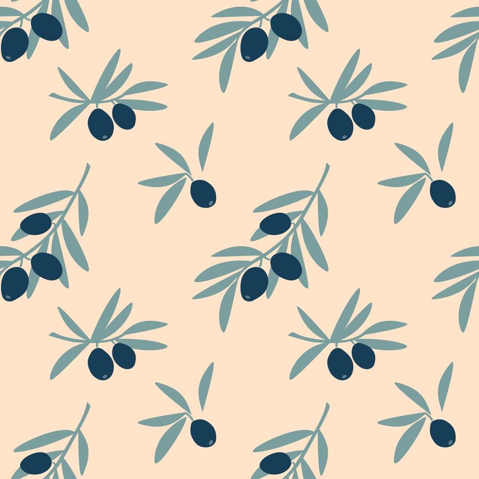 Seamless pattern of olive tree branches with green leaf and fruit olives isolated on beige background. Vector flat illustration. Design for textile, wallpaper, wrapping, backdrop