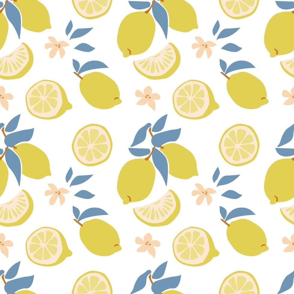 Seamless pattern of fresh fruit yellow lemon with green leaf, flower, slice in hand drawing style isolated on white background. Vector flat illustration.Design for textile, wallpaper, wrapping