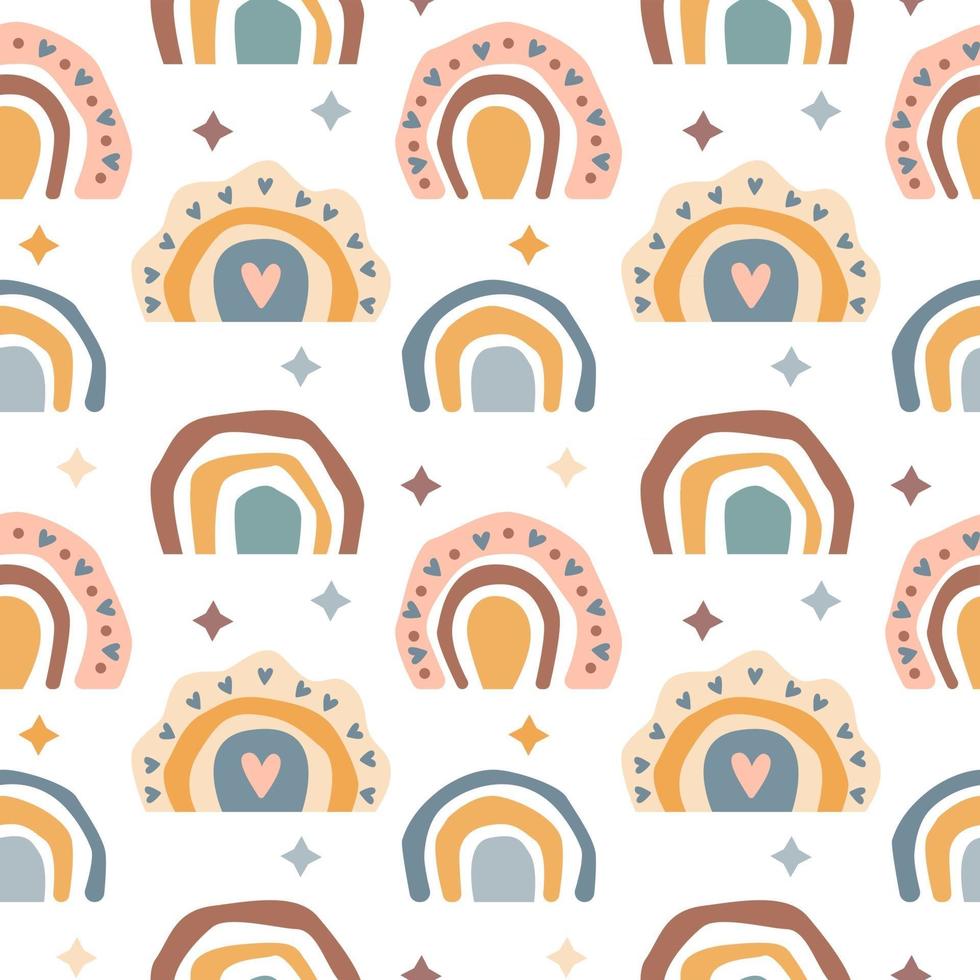 Hand drawn  seamless pattern of  cute boho rainbows pastel color isolated on white background. Vector flat illustration. Design for baby textile, wallpaper, wrapping, backdrop