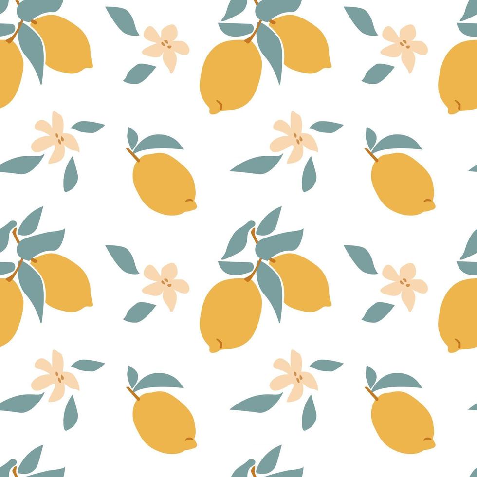 Seamless pattern of fresh fruit yellow lemon with green leaf, flower, slice in hand drawing style isolated on white background. Vector flat illustration.Design for textile, wallpaper, wrapping