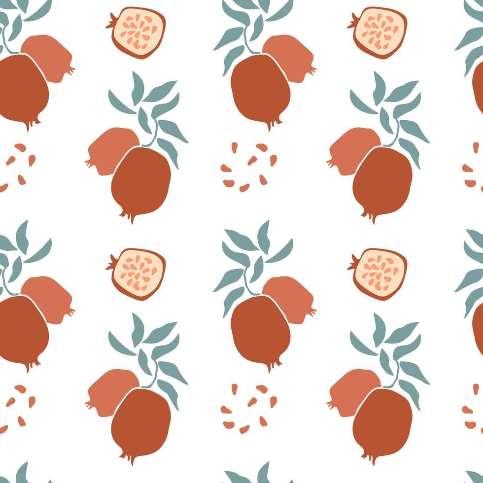 Seamless pattern of fresh fruit red pomegranate with green leaf, seed in hand drawing style isolated on white background. Vector flat illustration. Design for textile, wallpaper, wrapping, backdrop