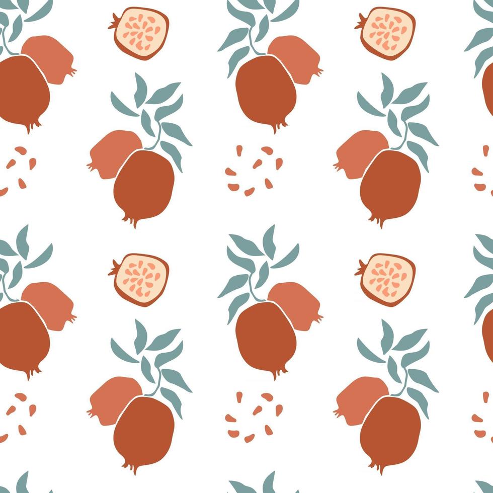 Patrón sin fisuras de granada roja de fruta fresca con hoja verde, semilla en estilo de dibujo a mano aislado sobre fondo blanco. vector ilustración plana. diseño para textil, papel tapiz, envoltura, telón de fondo