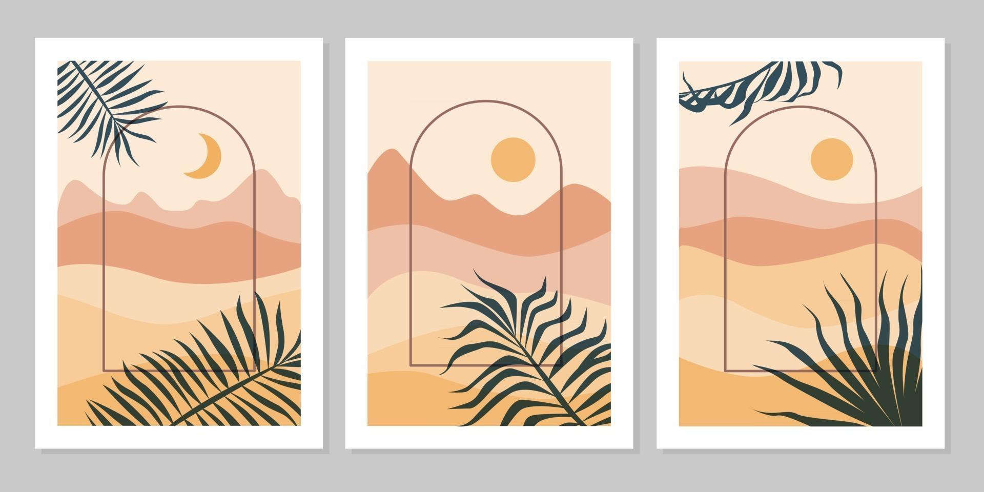 Set of aesthetic modern natural abstract landscape background with mountain, arch, leaf, sky, sun and moon. Minimalist boho poster cover template. Design for print, postcard, wallpaper, wall art, sale vector