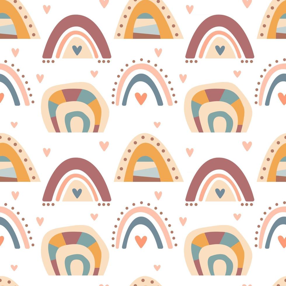 Hand drawn  seamless pattern of  cute boho rainbows pastel color isolated on white background. Vector flat illustration. Design for baby textile, wallpaper, wrapping, backdrop