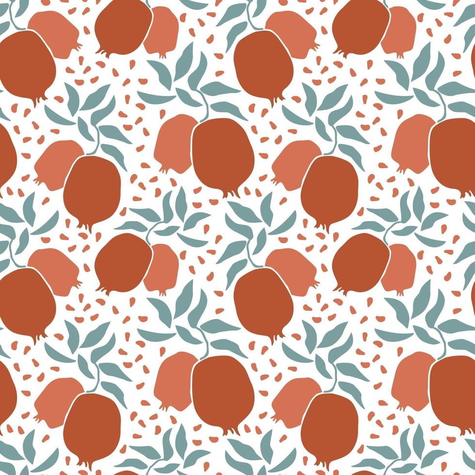 Seamless pattern of fresh fruit red pomegranate with green leaf, seed in hand drawing style isolated on white background. Vector flat illustration. Design for textile, wallpaper, wrapping, backdrop