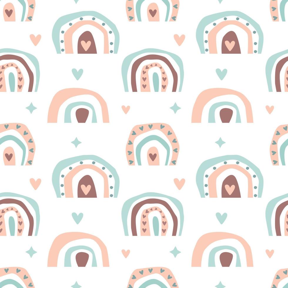 Hand drawn  seamless pattern of  cute boho rainbows pastel color isolated on white background. Vector flat illustration. Design for baby textile, wallpaper, wrapping, backdrop