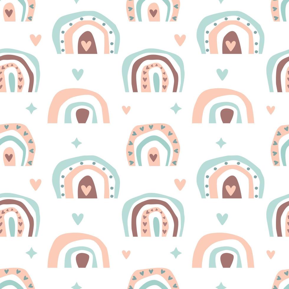 Hand drawn  seamless pattern of  cute boho rainbows pastel color isolated on white background. Vector flat illustration. Design for baby textile, wallpaper, wrapping, backdrop