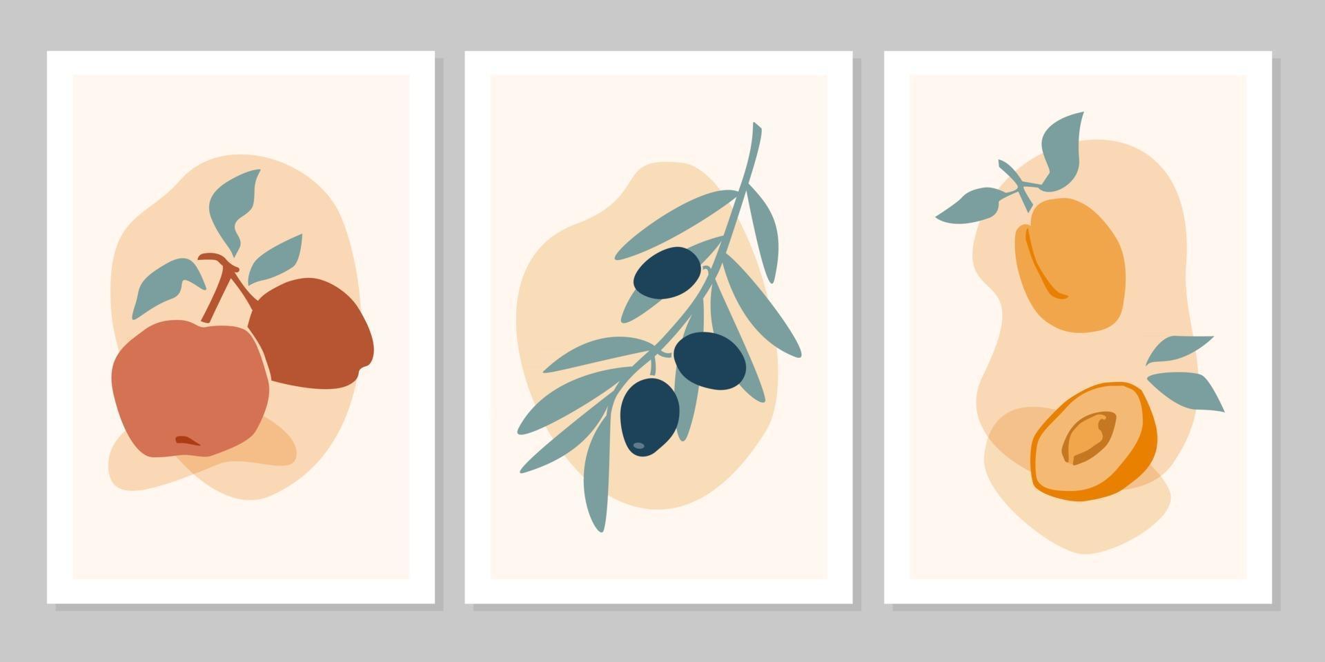 Hand drawn set abstract boho poster with apple, olive, apricot on beige background. Vector flat illustration. Design for pattern, logo, posters, invitation, greeting card