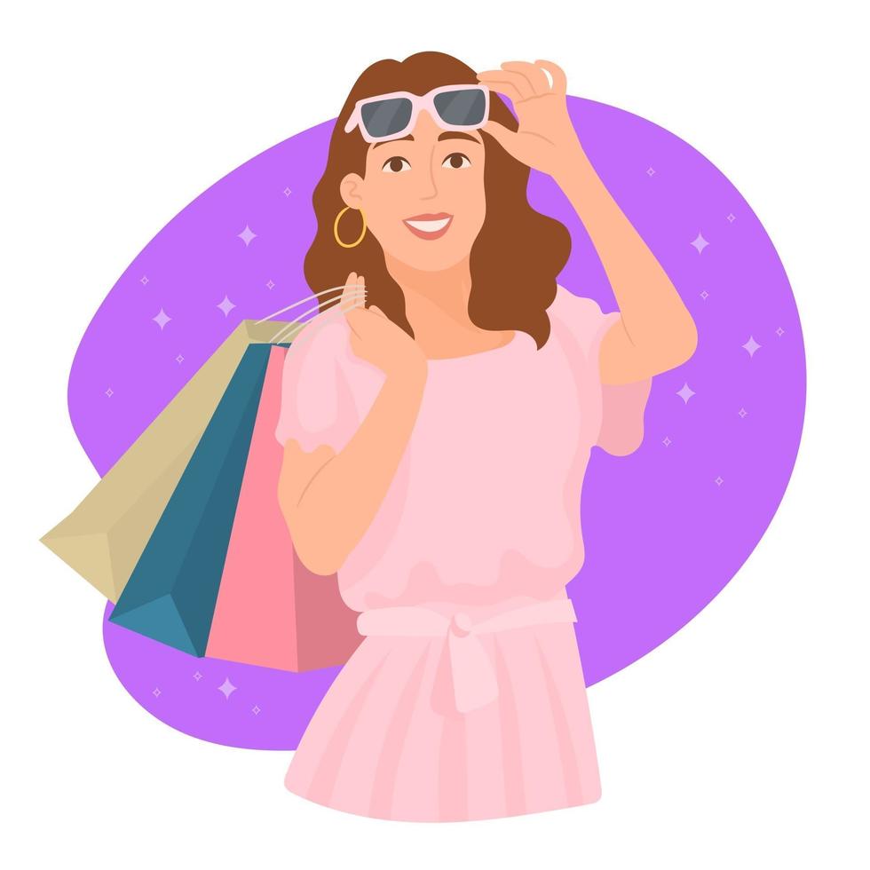 mujer de moda con bolsas de compras vector