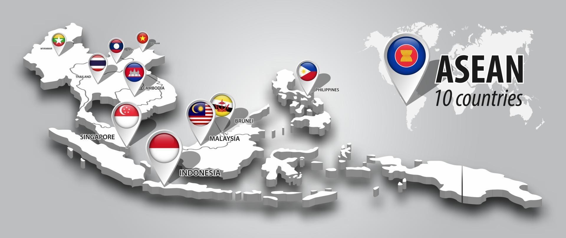 Bandera de la asean y membresía en el mapa 3d vista en perspectiva del sudeste asiático y pin del navegador gps sobre fondo degradado de color gris vector