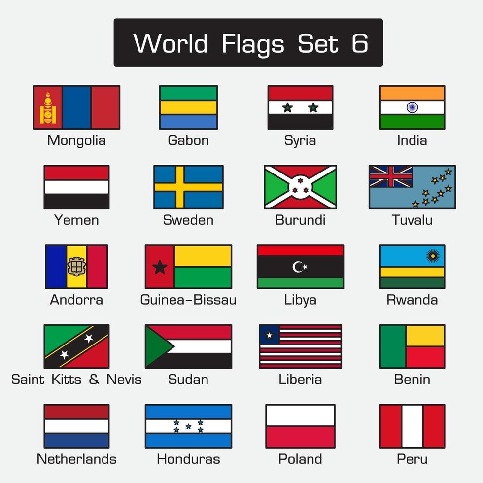 World flags. simple style and flat design. thick outline. vector