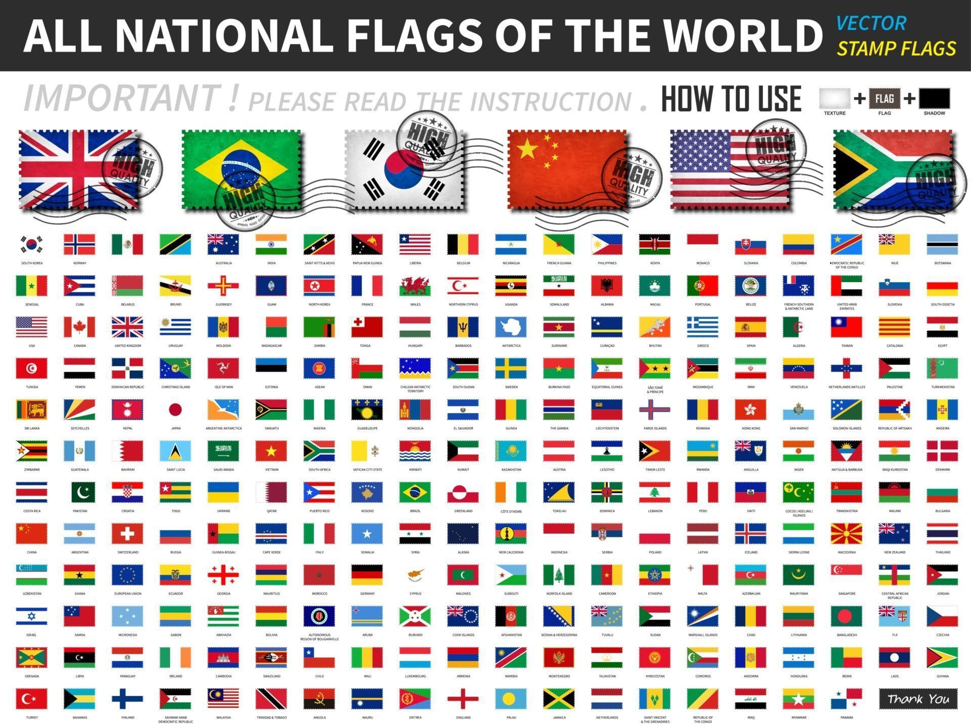 All official national flags of the world . Old stamp shape design with