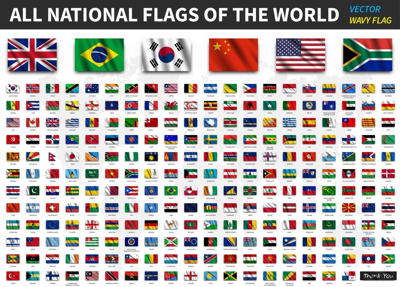 todas las banderas nacionales del mundo. textura de tela ondulada realista con diseño de sombra. vector