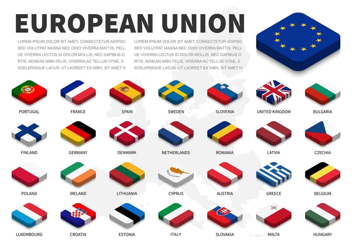 bandera de la unión europea y membresía en el fondo del mapa de europa. diseño superior isométrico. vector