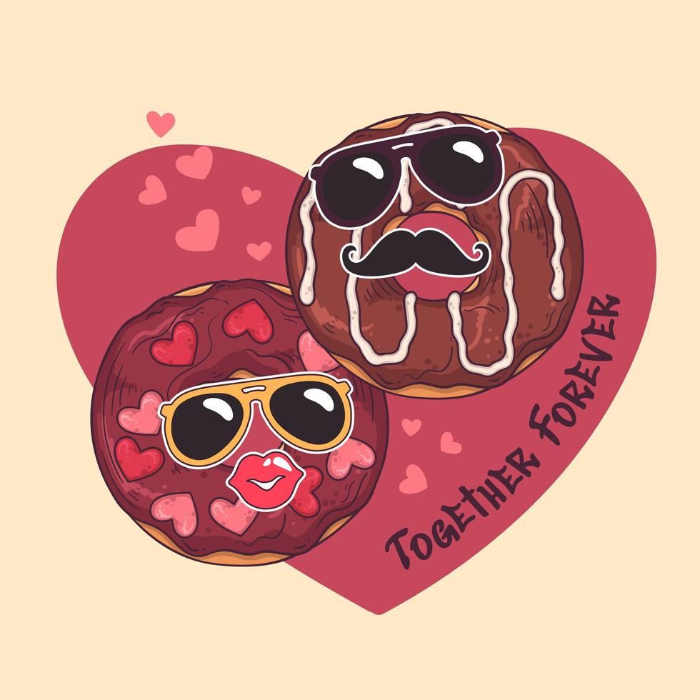 Vector hand drawn donuts with funny masks on card for valentines day.