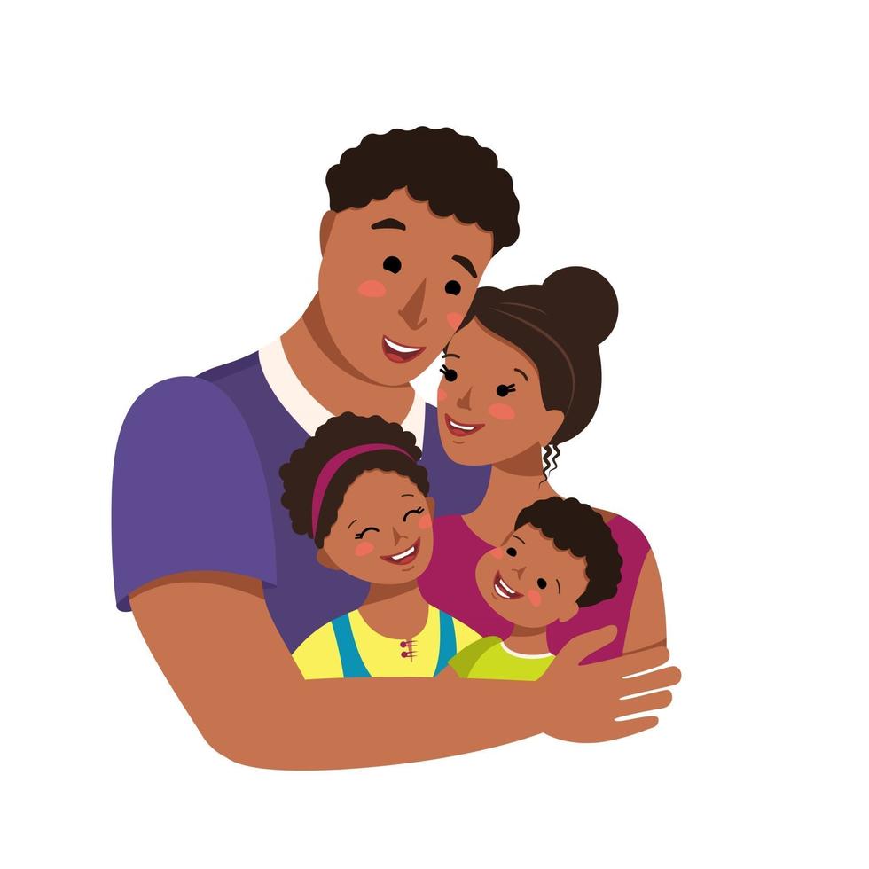 feliz familia afroamericana juntos. día internacional de la familia. avatar papá abraza a mamá e hijos. grupo de personas. padre, madre, hija e hijo vector