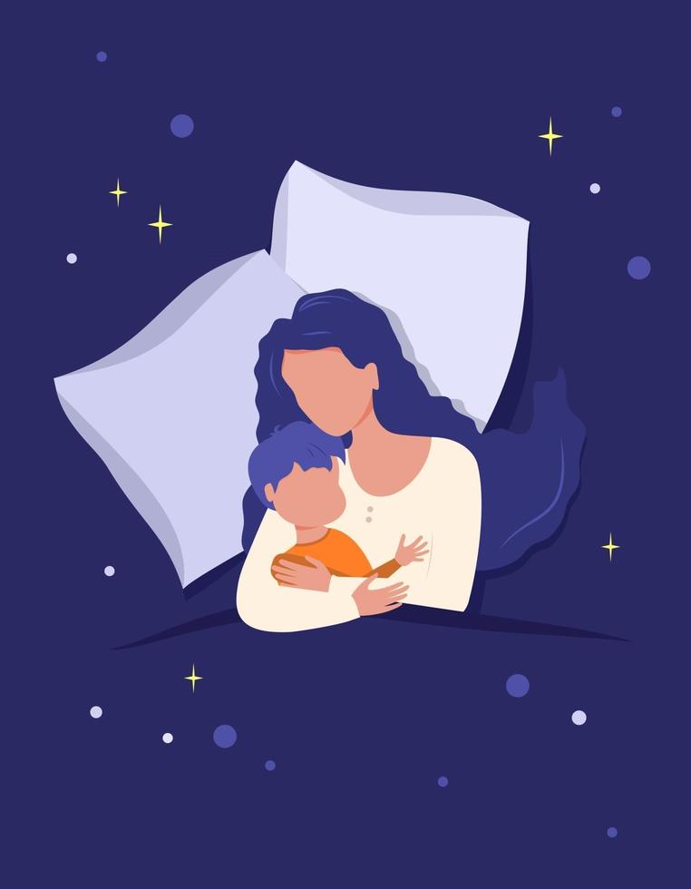 mamá abraza al niño, durmiendo juntos sobre una almohada cubierta con una manta. cuidado de la maternidad y del hijo. infancia feliz. día mundial del sueño vector