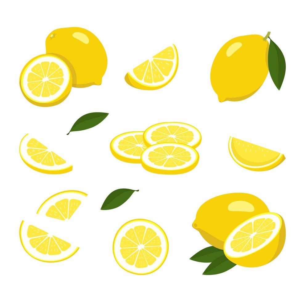 Lemon icons set. Bright whole fruit, half, slices with leaves. Food for a healthy diet, dessert, sweet lemonade products. Elements for spring and summer design vector