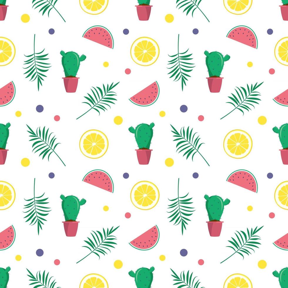 Cute bright seamless summer pattern with watermelons, lemon, cactus. Decorative elements for printing, textiles, wrapping paper and design vector