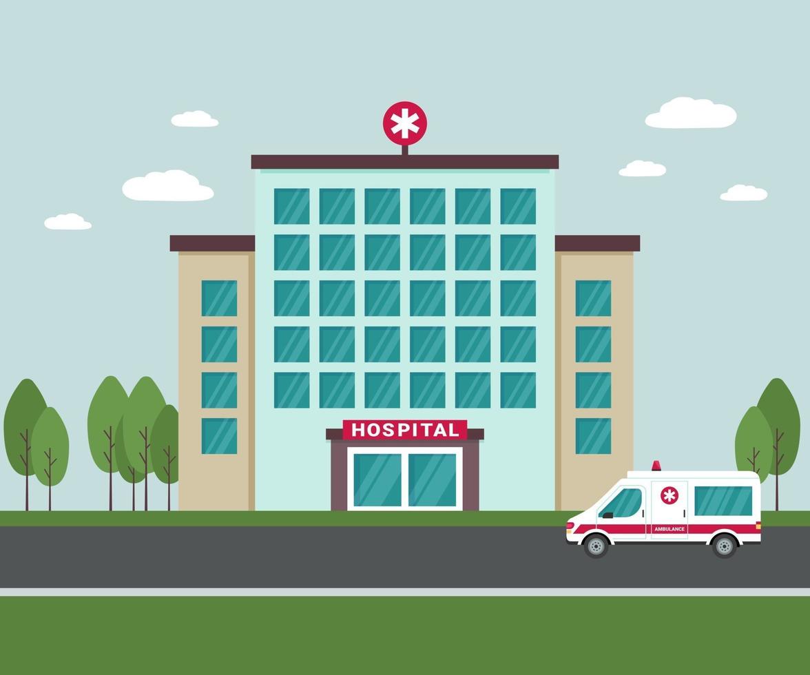 edificio del hospital médico en el exterior. una ambulancia junto al edificio del hospital. Vista exterior del centro médico aislado con árboles y nubes en el fondo vector