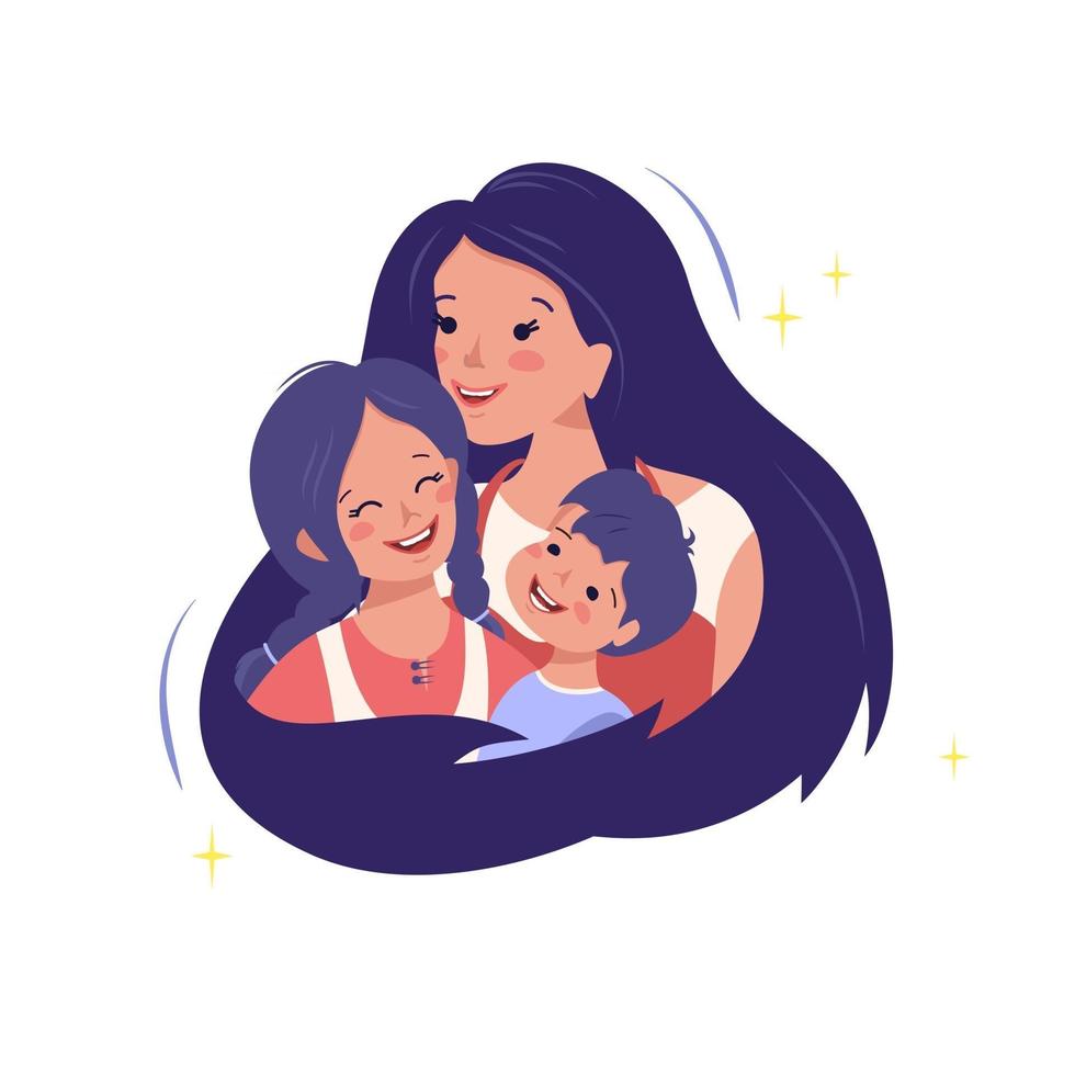 mamá abraza a su hijo y a su hija. familia feliz. amor de mamá por los niños. día internacional de la maternidad, día de la mujer. crianza y cuidado vector