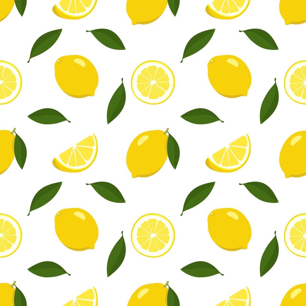 patrón transparente de primavera y verano brillante con limón y rodajas sobre un fondo blanco. un conjunto de frutas cítricas para un estilo de vida saludable. vector ilustración plana de comida sana