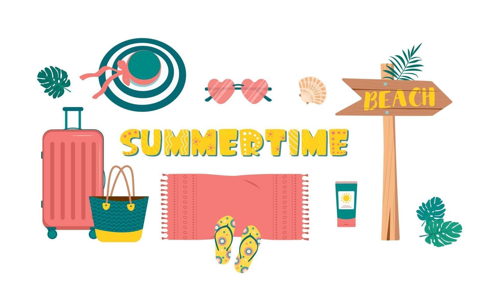 Cute bright set of summer things for travel and beach vacation. Items for holiday at sea or in tropical countries vector