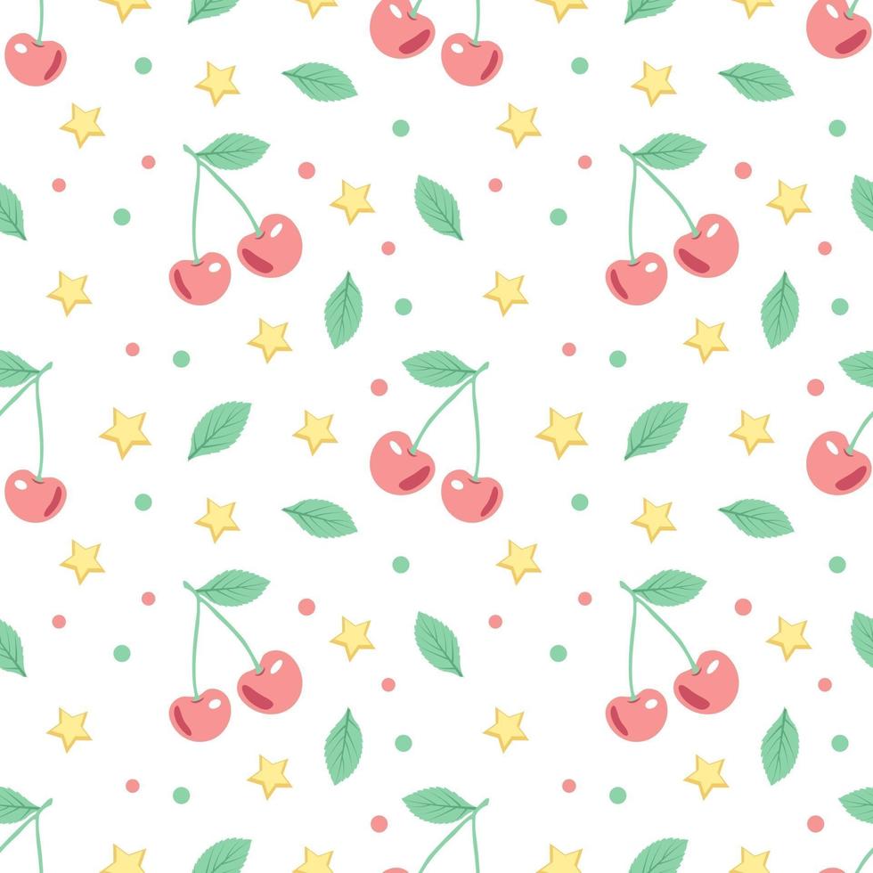 Cute spring or summer seamless pattern with cherries and stars. Delicate print for textiles, wrapping paper and design. vector