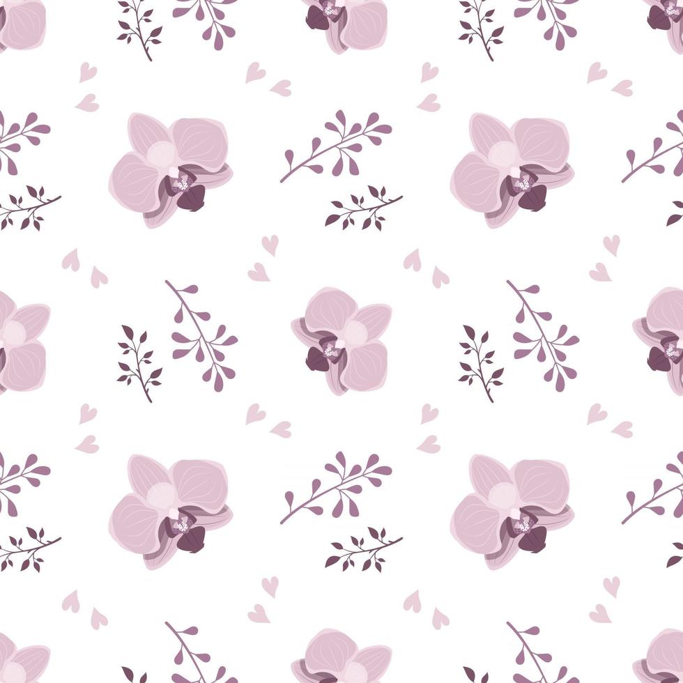 lindo patrón sin costuras con estilo con flores de orquídeas rosas y ramitas. La impresión de primavera es adecuada para textiles, papel de regalo, varios diseños. vector