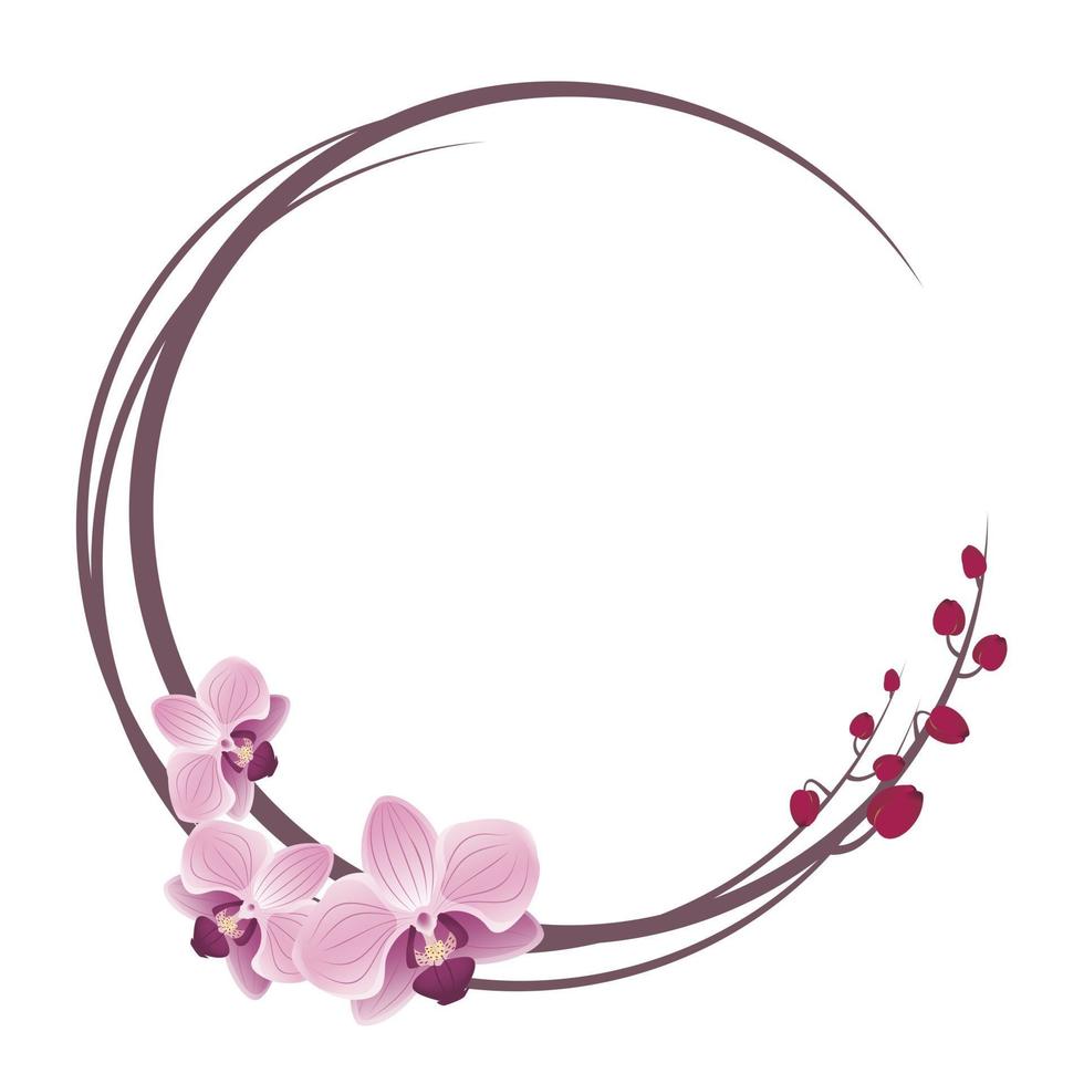 Delicate orchids blossom wreath or round frame with pink flowers. Spring blooming composition with buds and branches. Festive decorations for wedding, holiday, postcard, poster. vector