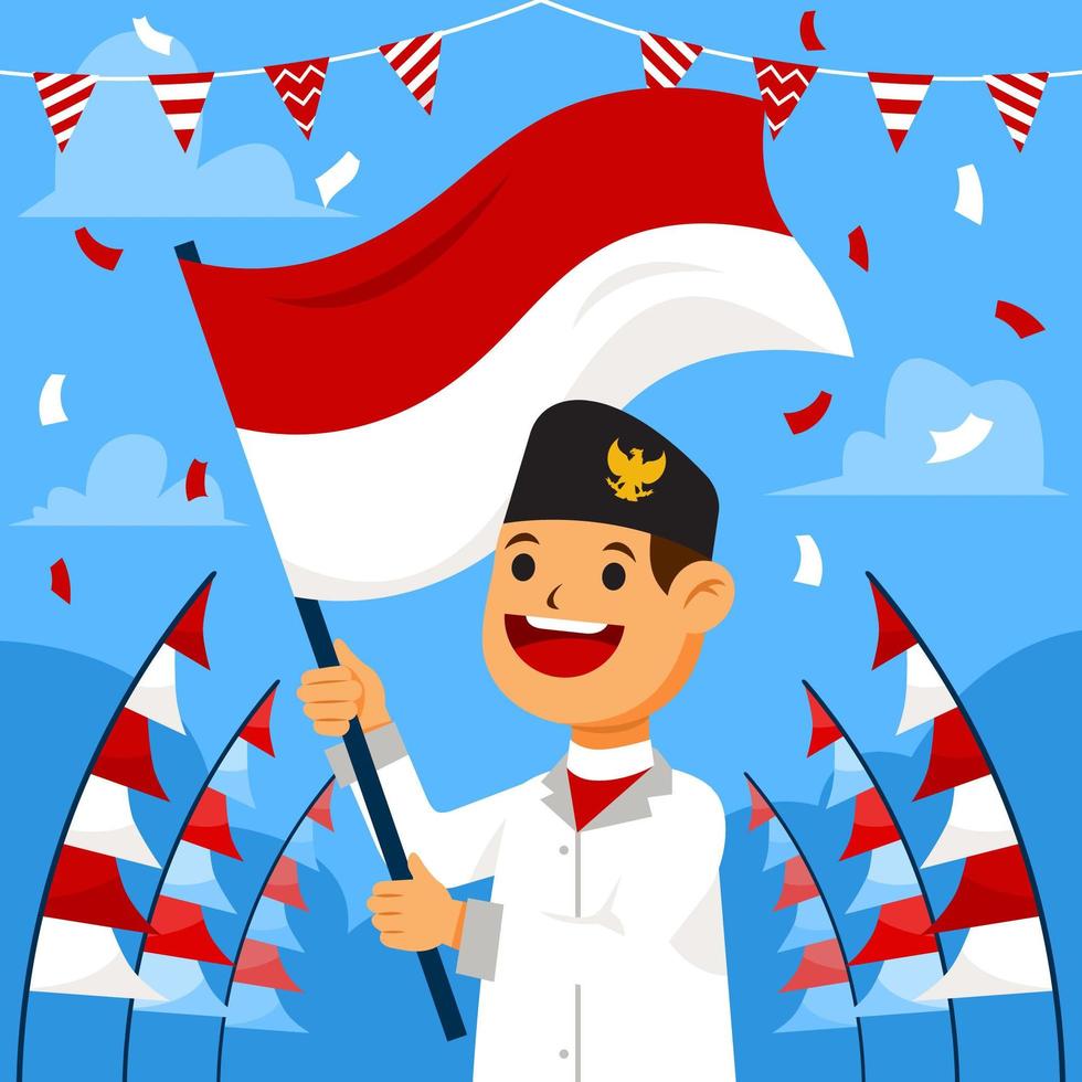 niño feliz celebrando el día de la independencia de indonesia vector