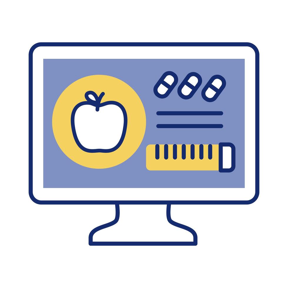 desktop with apple and tape measure health online line style vector