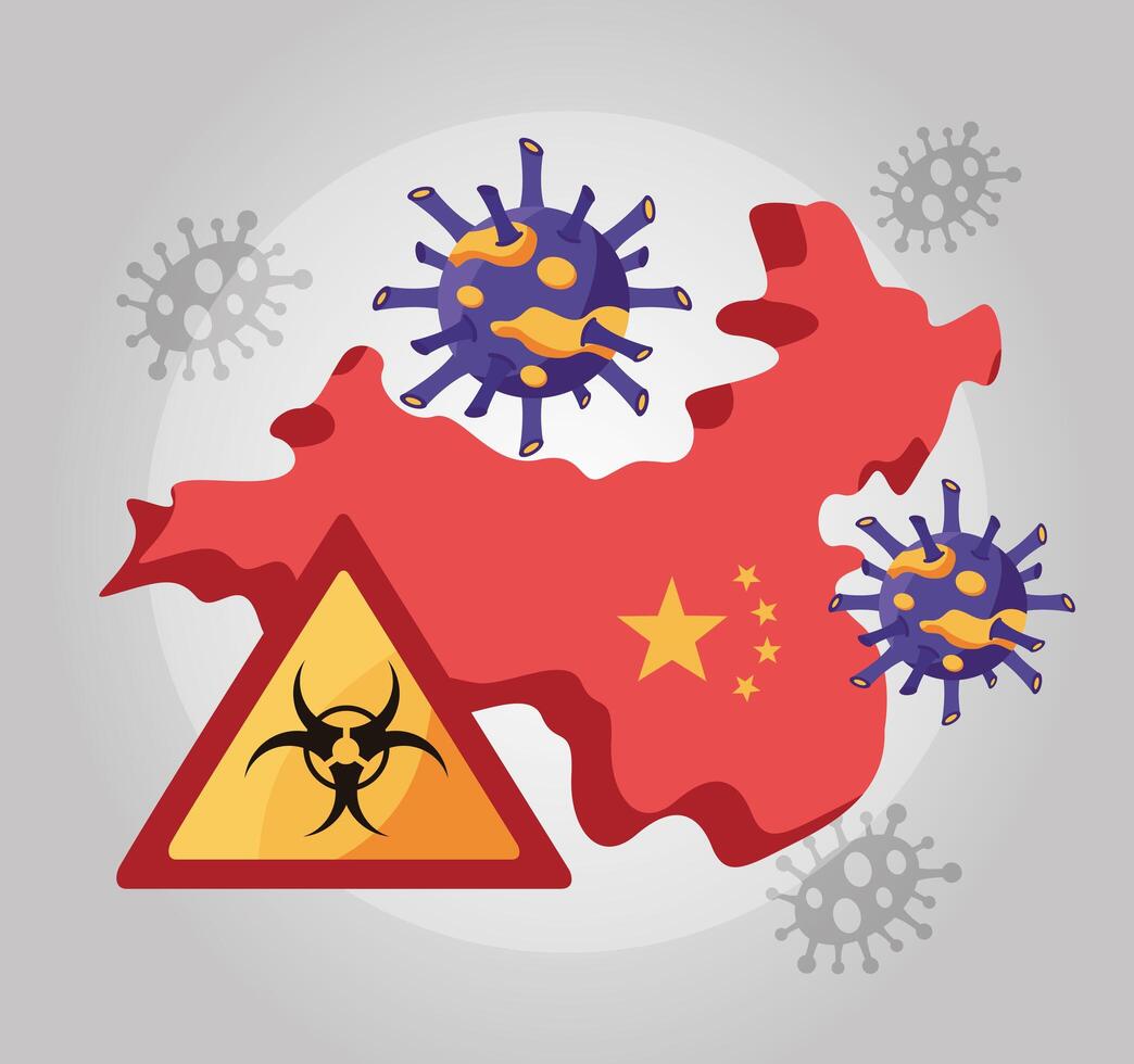 covid 19 particles and china map with biohazard signal vector