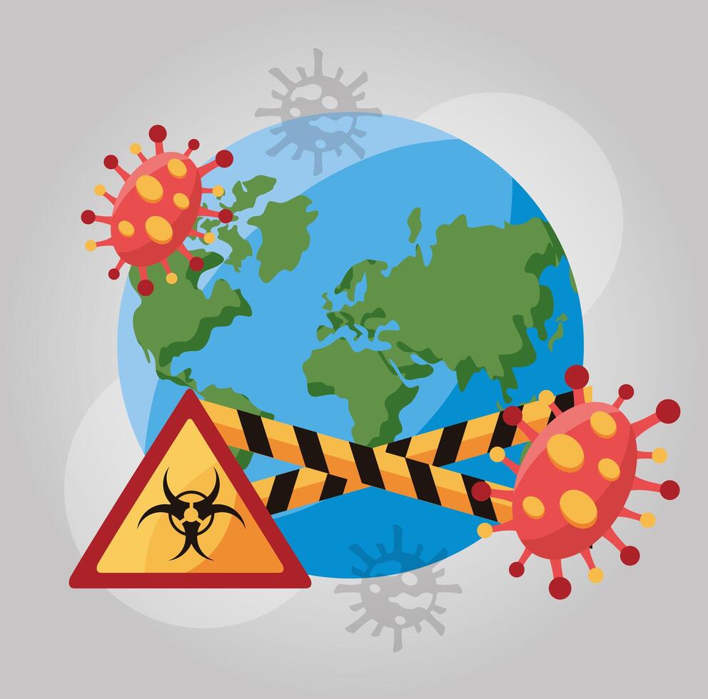 mundo planeta tierra con partículas covid 19 y señal de peligro biológico vector