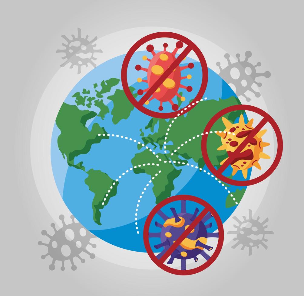 world planet earth with covid 19 particle and denied symbol vector