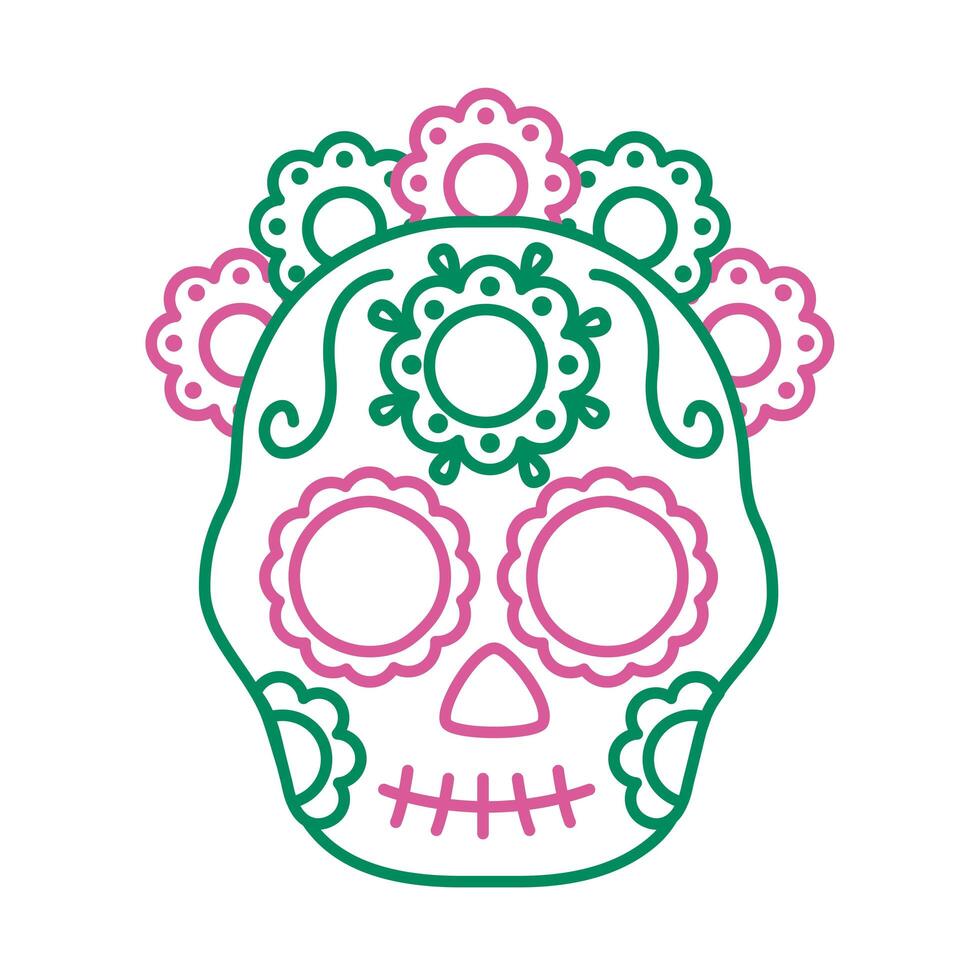 traditional mexican skull head with flowers line style vector