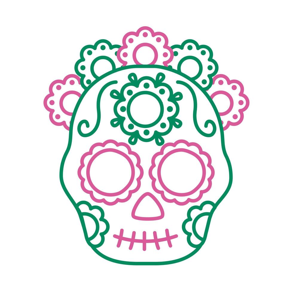 Cabeza de calavera mexicana tradicional con estilo de línea de flores vector