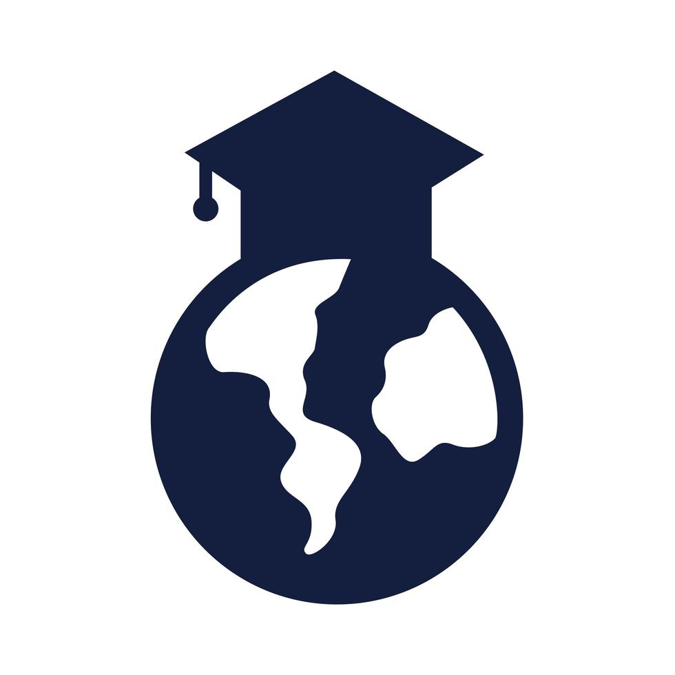 world planet earth school and graduation hat silhouette style vector