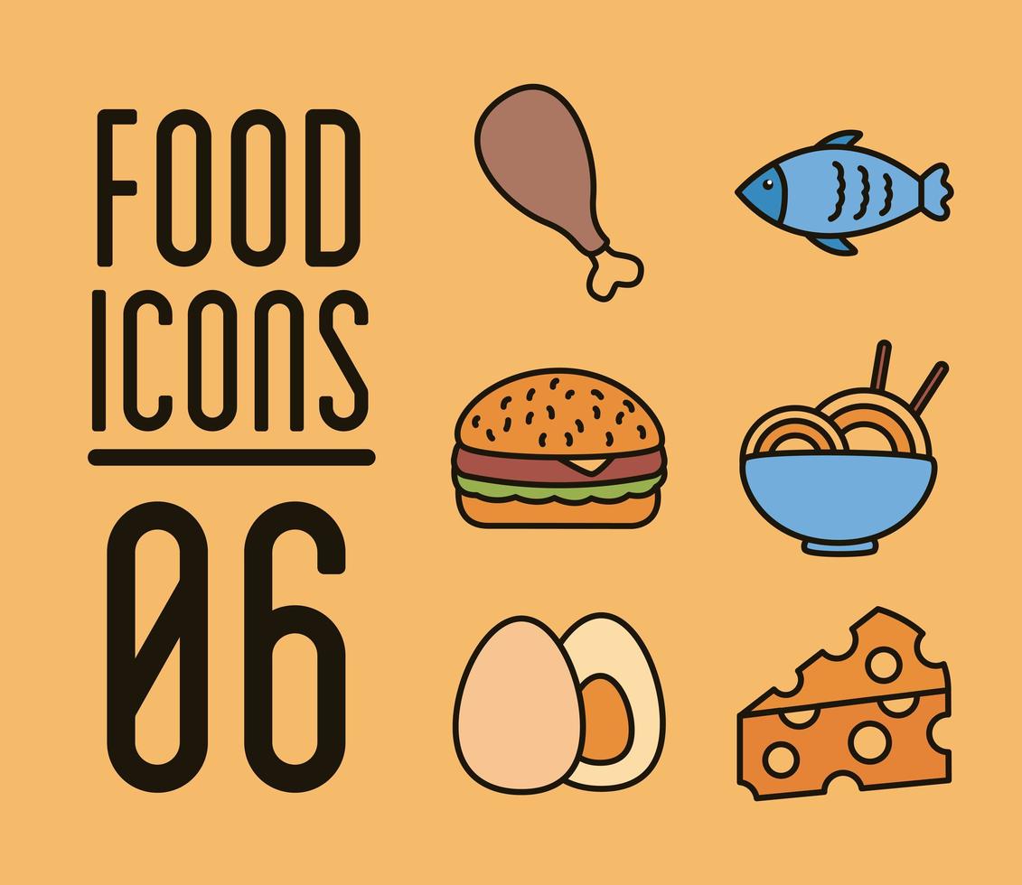 bundle of six delicious food set icons vector