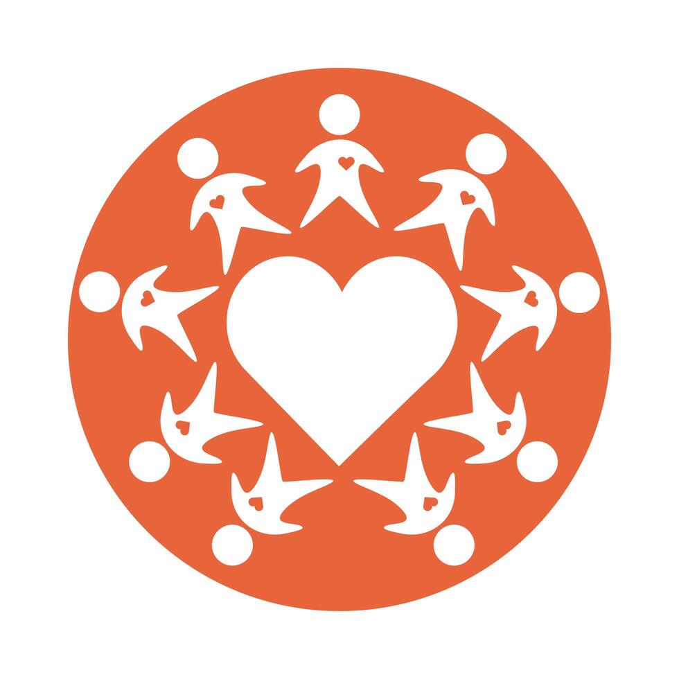 group of people around heart silhouettes block style vector