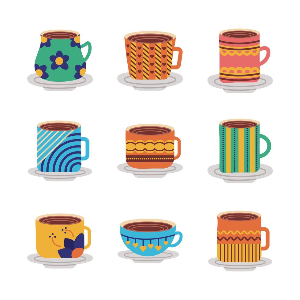 bundle of ceramic dishes and cups icons vector